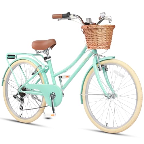 Glerc 24 Inch Beach Cruiser Bike, 6-Speed Hybrid City Bicycle for Girls Youth and Over 6 Years Old, Missy Bike with Wicker Basket & Lightweight, Mint