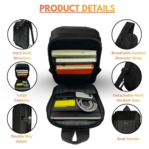 Image of Tukzer ABS Hard Shell Sling Bag Aliens Series 180Open Crossbody Side Shoulder Bag for Mens, Women, Office,Travel,Everyday Mini Backpack for iPad,Tablet,Smartphone,Charger,Headphone,HDD,Camera(02-BLK)