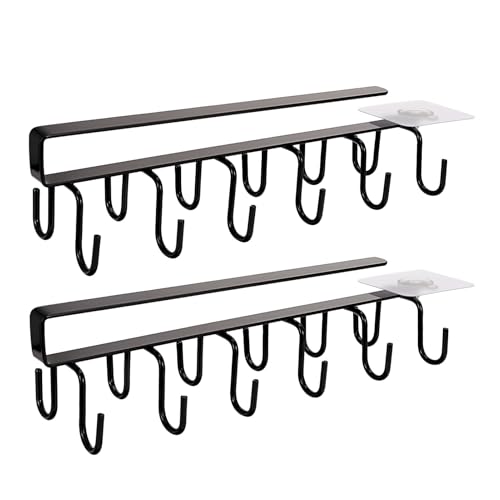 saerryor 2PCS Mug Holder with Hooks Cup Holder Under Shelf Storage Mug Shelf Cup Display with Adhesive Screws for Cupboard Storage Kitchen Restaurant Coffee Shop Bar Home Black