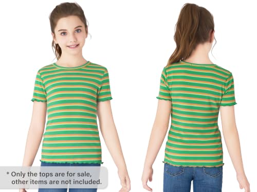 Image of Girls Striped T-Shirt Lettuce Trim Short Sleeve Top Size 6-16 | Soft stretch ribbed knit fabric, breathable blouse,summer outfit for big girls & teen, for school, party and daily activity
