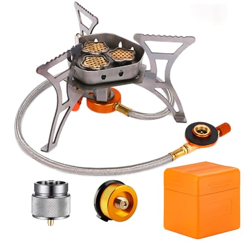 SVNVIOZ Camping Stove, Windproof Backpacking Stove with 3 Burner Cores, Piezo Ignition, Storage Box, 2 Types Fuel Canister Adapters, Camping Gear Portable Stove for Outdoor Camping Hiking Cooking