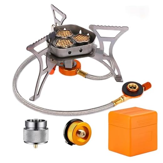 SVNVIOZ Fogão de acampamento, fogão à prova de vento com 3 núcleos de queimador, ignição piezo, caixa de armazenamento, 2 tipos de adaptadores de recipiente de combustível, fogão portátil de