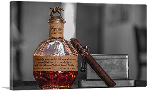 ARTCANVAS Bourbon Whiskey And Cigar In Bar Canvas Art Print Stretched Framed Painting Picture Poster Giclee Wall Decor - 18" x 12" (1.50" Deep)