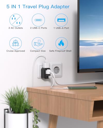 Image of HANYCONY Type F Travel Plug Adapter, Germany France Type E Travel Power Adapter with 2 Outlets 3 USB Ports(2 USB C) for US to Europe EU Spain Iceland Korea Greece Norway Russia German French