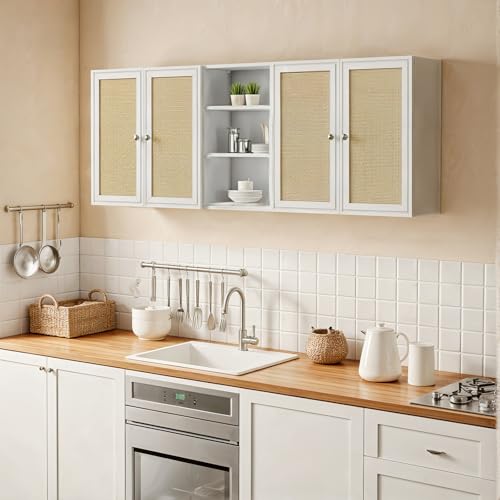 Image of Rattan Wall Cabinets for Laundry Room, 24 INCH Floating Wall Cabinets with 15.8 INCH Shelf for Bathroom, Hanging Wall Cabinet for Bedroom, Kitchen, Bathroom(3PCS, White)