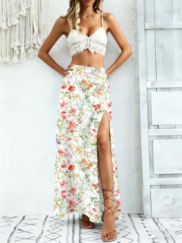 Women's Summer Slit Split Long Skirts High Waisted Flowy Maxi Skirts White Flower XL — view 3