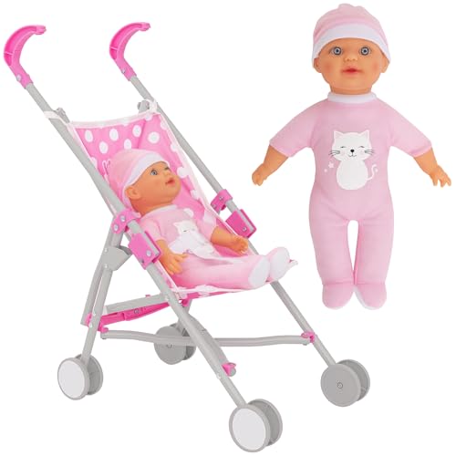 Dolly Tots Einzel-Puppenwagen Pink mit Polka-Dots & Puppe | Klappbarer...
