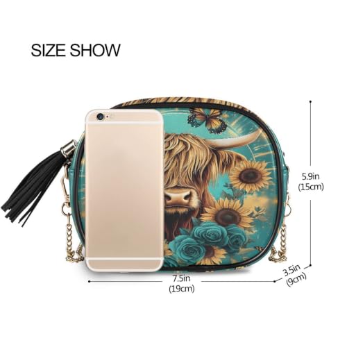 Image of ALAZA Women's Highland Cow Butterfly Rose PU Leather Crossbody Bag Shoulder Purse with Tassel