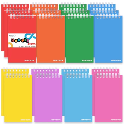 Koogel Small Pocket Notebook, 50 Sheets/20 Pads Spiral Memo Pads Ruled 7.6 x 12.7cm (3"x5") Lined Pocket Notepads with Durable Covers for Office School Memo Tactical Steno Pads