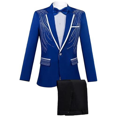 Men's Stylish Tux Dress 2 Pieces Suit Slim Tuxedo Blazers Pants Outfit with Rhinestone for Prom,Party,Wedding