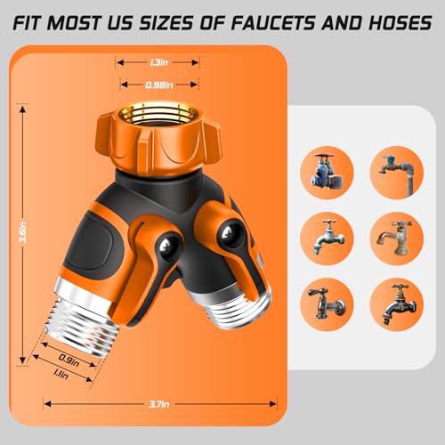 2 Way Garden Hose Splitter with Shut Off Valve,Water Spigot Splitter for 3/4" Hose Connector,Heavy Duty Metal Outdoor Faucet Splitter Y Connector with 3 Leakproof Washers & 1 tape-Orange — view 5
