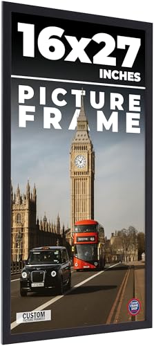 16x27 Frame Black Real Wood Picture Frame Width 0.75 Inches | Interior Frame Depth 0.5 Inches | Noir Classique Mid Century Photo Frame Complete with UV Acrylic, Foam Board Backing & Hanging Hardware