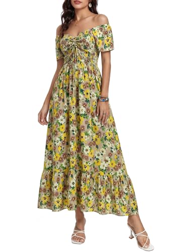 Image of Summer Smocked Boho Maxi Dress for Women 2026 Short Sleeve Floral Smocked Flowy Ruffled Beach Vacation Dresses Lightweight