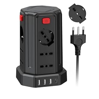 Ciabatta Elettrica Multipresa 3 metro con 12 Prese Universali 10/16A ITA e Schuko e 3 USB A+1 USB C protezione Sovratensione con 4 interruttori indipendenti, Nero