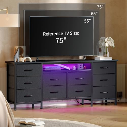 GarveeHome 63" Long Dresser for Bedroom with 10 Fabric Drawers, Entertainment Center TV Stand 65"-75" TV, White Dresser with Power Outlet & LED Light Storage Drawers by GarveeHome - Used condition - US$73.58