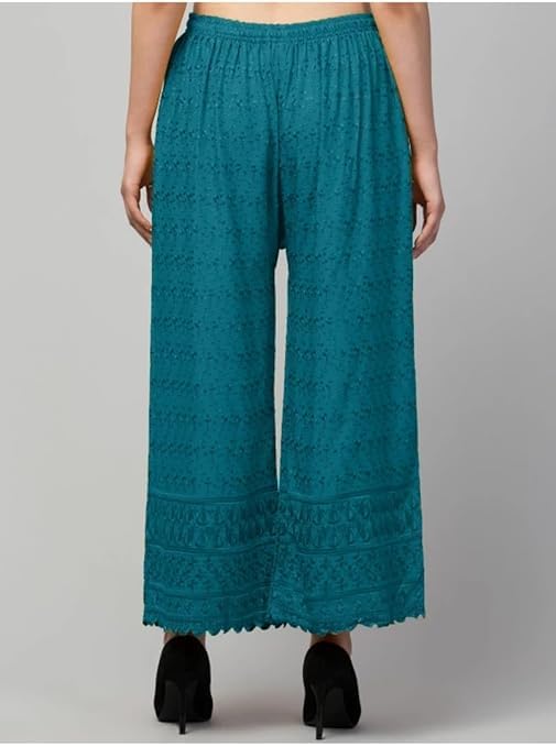 Image of Women's Palazzo Pants Rayon Trousers Chikankari Embroidered Lace Trim Wide Leg Straight Fit Flared Palazzo for Girls & Women