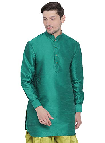 Image of Vastramay Men's Gold Curved Shape Pathani Style Silk Cotton Kurta - Mid-Length with Buttoned Cuff, Soft & Comfortable Ethnic Wear