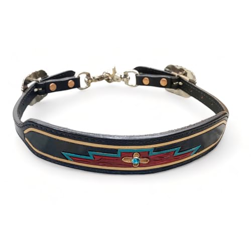 MOUSM Wither Strap for Horse, Leather with Flower Carving and Turquoise Stones, Adjustable 23-30