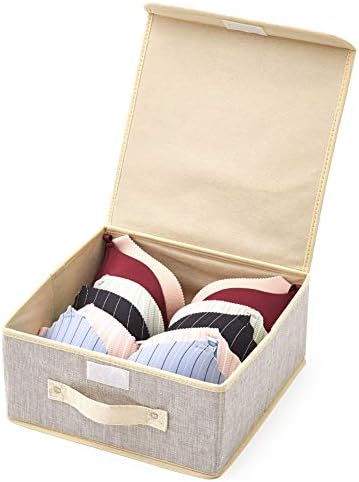 EZOWare 4-Pack Small Foldable Fabric Storage Boxes, Collapsible Half Cube Storage Baskets with Lids for Nursery, Closet, Bedroom (26.7 x 26.7 x 12.7 cm) - Gray & Cream Beige