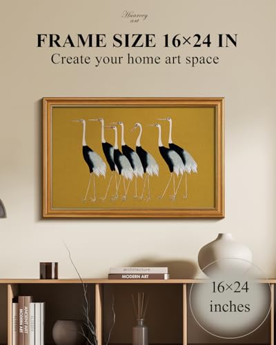 Image of HUARCEY Gold Framed Vintage Wall Art for Living Room, Animals Painting Prints Shelf Decor for Kitchen, Aesthetic Bedroom Wall Art Decor, Christmas Gifts for Friends or Family (Seven Cranes 16 inchx24 inch)