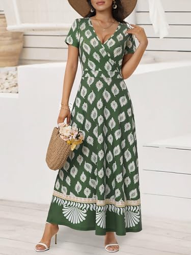Image of HUHOT Women's Short Sleeve Wrap V Neck Dresses for Wedding Guest Summer Floral Maxi Sundresses with Pockets Boho Dress