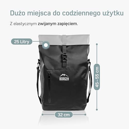 Borgen Torba na bagażnik rowerowy, 25 l, w 100% wodoszczelna, uchwyt i pasek na ramię, torba na bagażnik