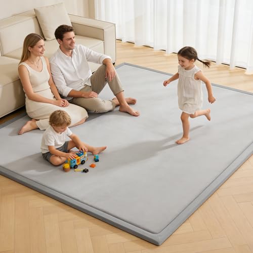 Image of Baby Play Mat for Floor, 1.3 Inch Thick Memory Foam Tummy Time Mats with Non Slip Backing, Soft Coral Velvet 50x50 Inch Playpen Mat Crawling Tatami for Infants Toddlers Kids, Light Grey
