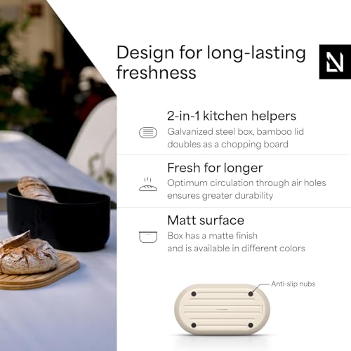 Image of LARS NYSOM Bread Box I Metal bread box for long lasting freshness with non-slip pads I Baked goods Bin with bamboo lid usable as cutting board I 13.6x7.3x6.2in (Cream Beige)