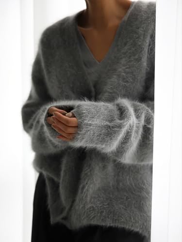 Image of chouyatou Women Furry Open Front Cardigan V-Neck Loose Casual Fluffy Knit Button Down Sweater Coat