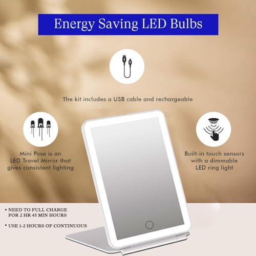 Image of Prime Pick Glow Pro Vanity Mirror Rechargeable ABS Makeup Mirror LED Light 3 Color Lighting Dimmable Touch Control Portable Travel Cosmetic Mirror for Women White Rectangular
