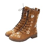 Ankle Boots for Women Lace Up Combat Booties Fashion Floral Embroidered Short Booties Side Zipper Lug Sole Boots PU Leather Western Platform Boot Round Toe Shoes Khaki