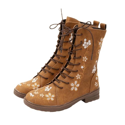 Ankle Boots for Women Lace Up Combat Booties Fashion Floral Embroidered Short Booties Side Zipper Lug Sole Boots PU Leather Western Platform Boot Round Toe Shoes Khaki