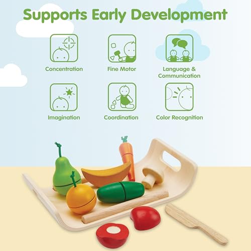 Image of PlanToys Wooden Fruits & Vegetables Cutting Set | Montessori-Inspired Play Food for Toddlers | Pretend Play Kitchen Toy with Knife and Tray | Educational Fine Motor Toy