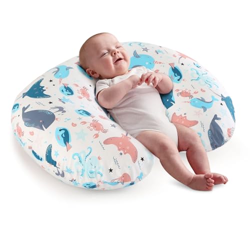 JOVELL Stillkissen Ergonomisch, Atmungsaktive Stillkissen zum Stillen, Kleines Stillkissen mit Abnehmbarem Stillkissenbezug, Stillkissen für Flaschenfütterung/Bauchlage/Sitzunterstützung (Wasserwelt)