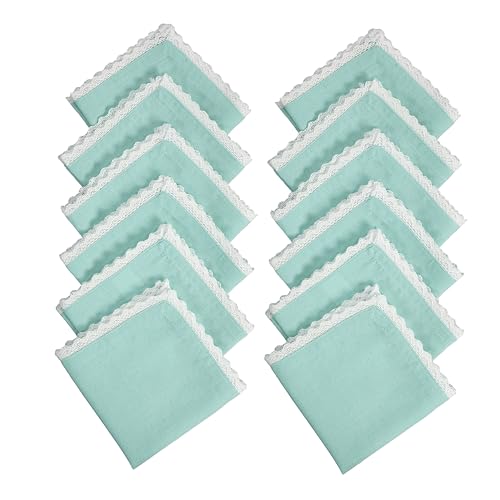 Image of FINGERCRAFT Cloth Napkins Set of 12 (12x12 Inch) - Cotton Linen Blend Dinner Napkins with Trim Lace Edge & Mitered Corners, Reusable Farmhouse Table Napkins for Wedding, Party & Daily Dining (Aqua)