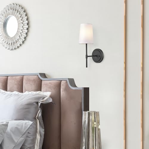 Image of Globe Electric 51859 1-Light Wall Sconce, Matte Black, White Fabric Shade, Wall Lighting, Wall Lamp Dimmable, Wall Lights for Bedroom, Kitchen Sconces Wall Lighting, Home Decor, Bulb Not Included