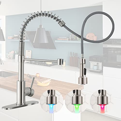 Apromoom Kitchen Faucet With Pull Down Sprayer For Sink Single Hole Deck Mount Spring Faucets With Led Light Brushed Nickel Stainless Steel 1 Handle Grifos De Cocina #TOP6