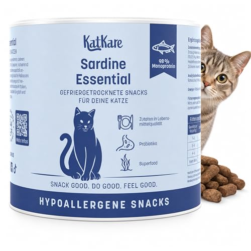 KatKare Hypoallergene Gefriergetrocknete Katzensnacks für empfindliche Katzen - Monoprotein Katzen Leckerlis Getreidefrei, ohne Zusatzstoffe, Monoprotein Proteinquelle - Sardine Essential - 70g