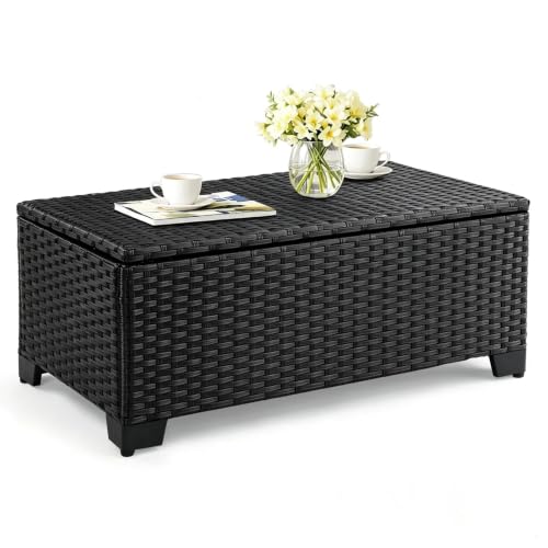 VINGLI Outdoor Coffee Table with Storage, All-Weather Wicker Patio Table for Garden, Balcony, Backyard