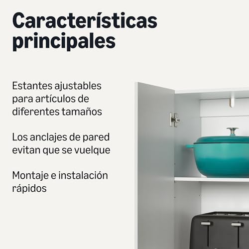 Amazon Basics Armario de Almacenamiento para Cocina, Pasillo, Armario Alto e Independiente, Organizador de despensa Estrecho con 2 Puertas, estantes Ajustables, Blanco, 60 x 31,5 x 152,5 cm - imagen 4