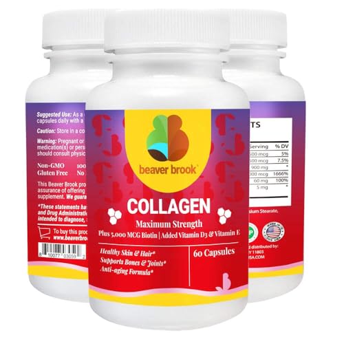 Beaver Brook Collagen Anti-Aging Formula Capsules with 900mg & 5000 mcg Biotin, All Natural, Non-GMO & Gluten Free - 60 Capsules, 1 Month Supply