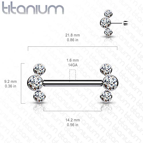 Dynamique Implant Grade Titanium Threadless Push In Nipple Barbell With 3 Cz Bezel Set Ends (Sold Per Pair Or Per Piece) #TOP4