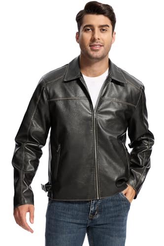 Fahsyee Leather Jacket Men Faux Lightweight Bomber Jackets Mens Motorcycle Vintage Lapel Coats with Zipper and Pockets 6