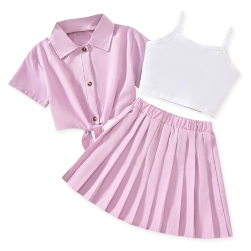 Image of HIHA Girls 3 Piece Outfit Cami Crop Tops Skirt Set with Button Down Shirts Size 6-12