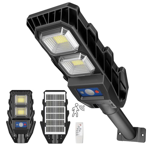 JESLED Lampione Solare Led Esterno, 6500K Crepuscolare Luce Bianoc Freddo con Sensore di Movimento, IP65 Impermeabile Lampione Solare con Telecomando per Strada, Giardino, Cortile