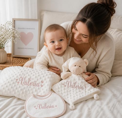 Miniatura 7 de Danielstore Manta Bebé Personalizada Con Nombre Bordado Dou Dou Y Babero Regalo Recién Nacido Original Set Canastilla Bebé Suave Coralina 80x100 Cm Ideal Baby Shower