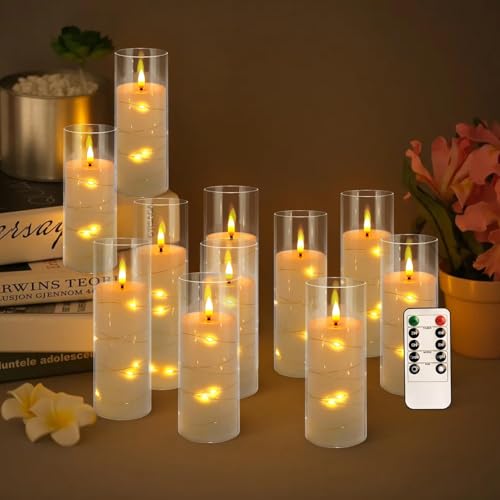 Image of 12 Pack Acrylic Flameless Candles,with Embedded Star String, Battery Operated Candles Flickering LED Pillar Candles with Remote Control and Timer, Ideal for Indoor /Outdoor Decor,Wedding,BBQ and Gift.