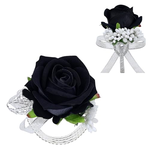 Vkkperp 2Pcs Rose Black Corsage and Boutonniere Set Artificial Wrist Corsage Wristlet Bracelets Men Boutonniere for Wedding Anniversary Party Homecoming Flowers Accessories Prom Decor