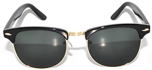 Stylish Retro Half Frame Sunglasses Black Gold Metal Frame Green Lens