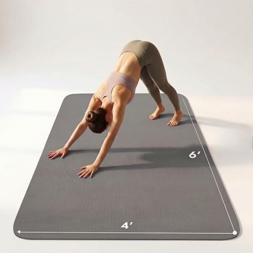 FrenzyBird 6’x4’x6mm Large Yoga Mat Extra Thick Exercise Mat with 2 Bundling Ribbons Eco Friendly TPE Fitness for Women & Men, Yoga, Pilates, Gym and Floor Workouts（Gray）